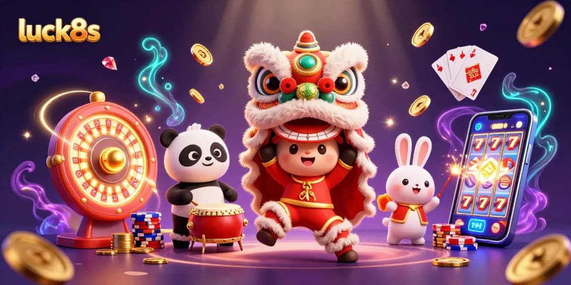 Win big with luck8s in a vibrant online casino scene featuring lively characters and dynamic gaming elements.