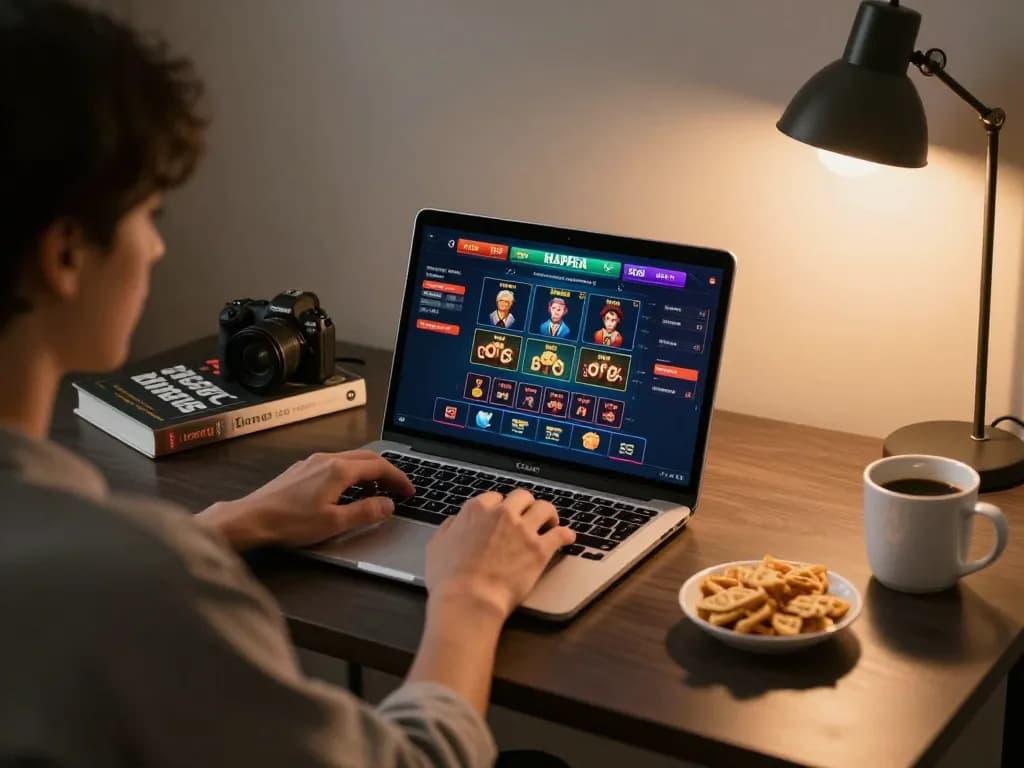 Engaged player exploring Red88 casino app on a laptop, showcasing online gaming atmosphere.