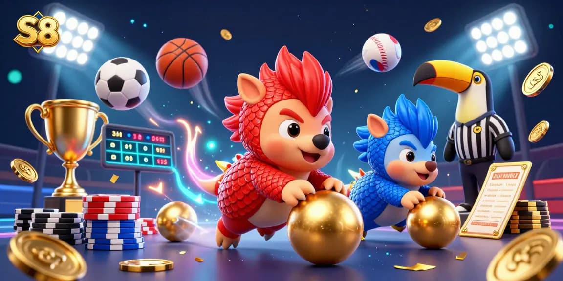 S8 gambling scene featuring pangolins bowling poker chips in a vibrant casino atmosphere.