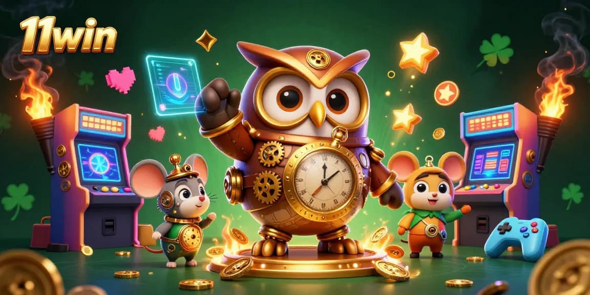 Experience thrilling gameplay with 11win as the time-traveler owl and casino elements collide in a captivating scene.