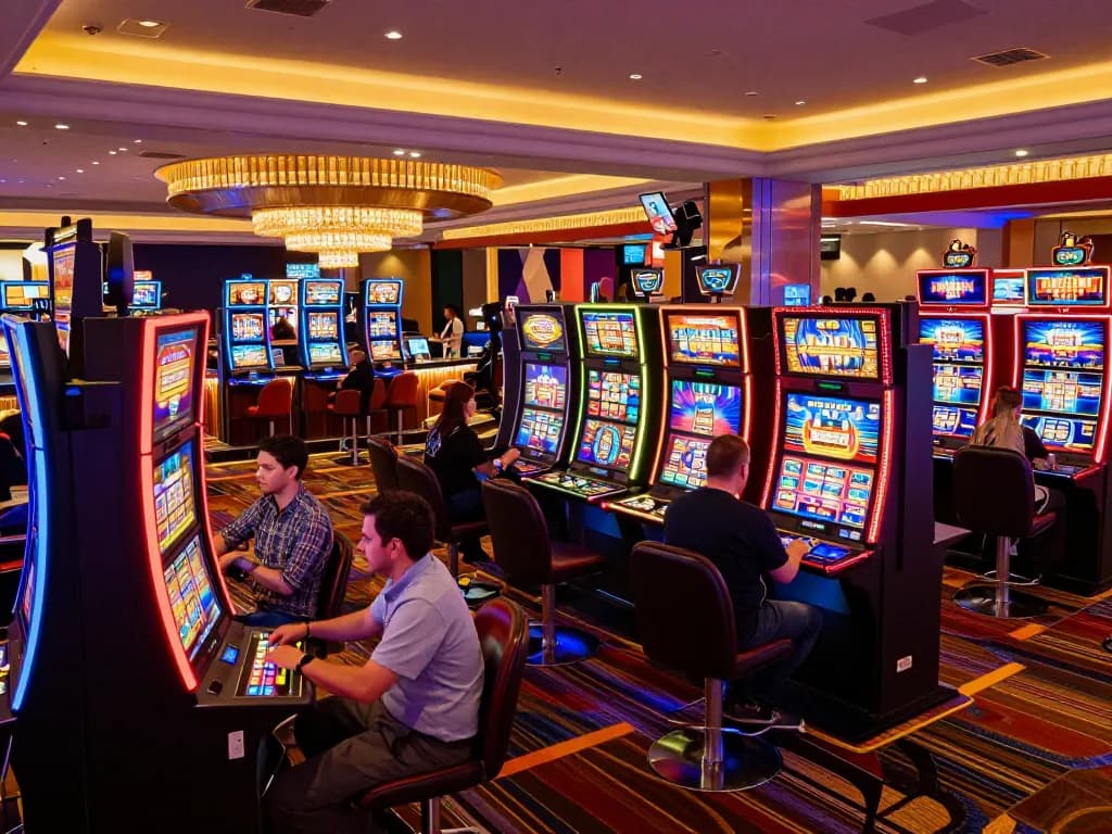 Players enjoying vibrant slot machines at mm88 casino, showcasing dynamic casino atmosphere and action.
