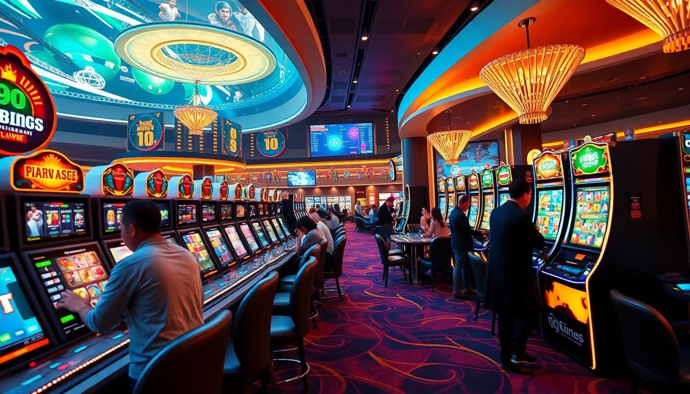 QQ88 online gaming platform showcasing vibrant casino atmosphere with players and digital slot machines.