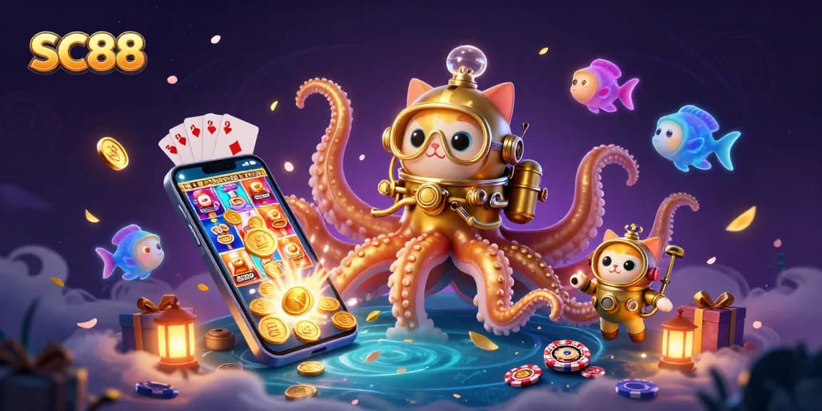 Experience SC88's thrilling underwater adventure with a colossal kraken and vintage diving cat amidst slot games.