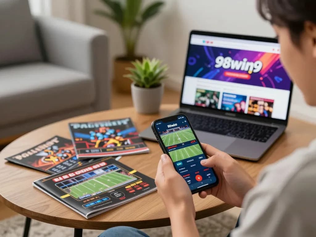 Person enjoying online betting on the 98win9 app, surrounded by strategy guides and a cozy home atmosphere.