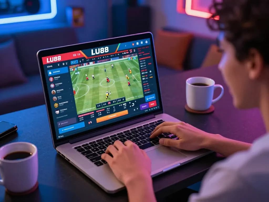 Betting on LU88 sports events using a laptop in a cozy lounge, capturing excitement and engagement.