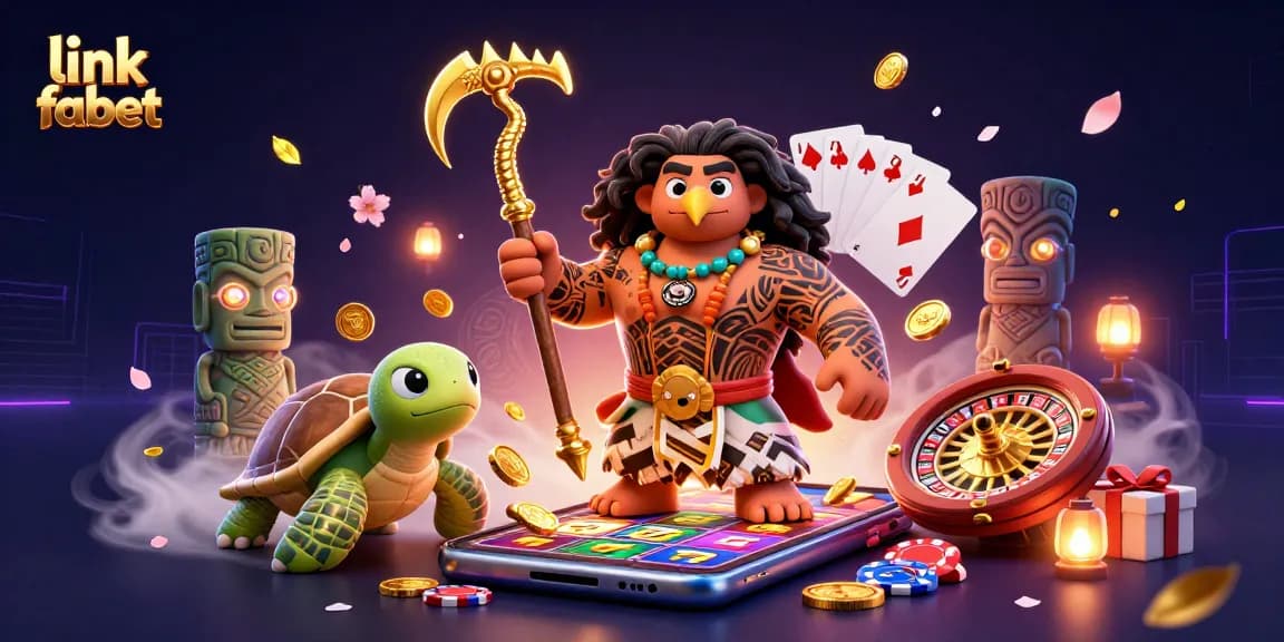Spin and win with link fabet in this vibrant Polynesian-inspired casino scene.