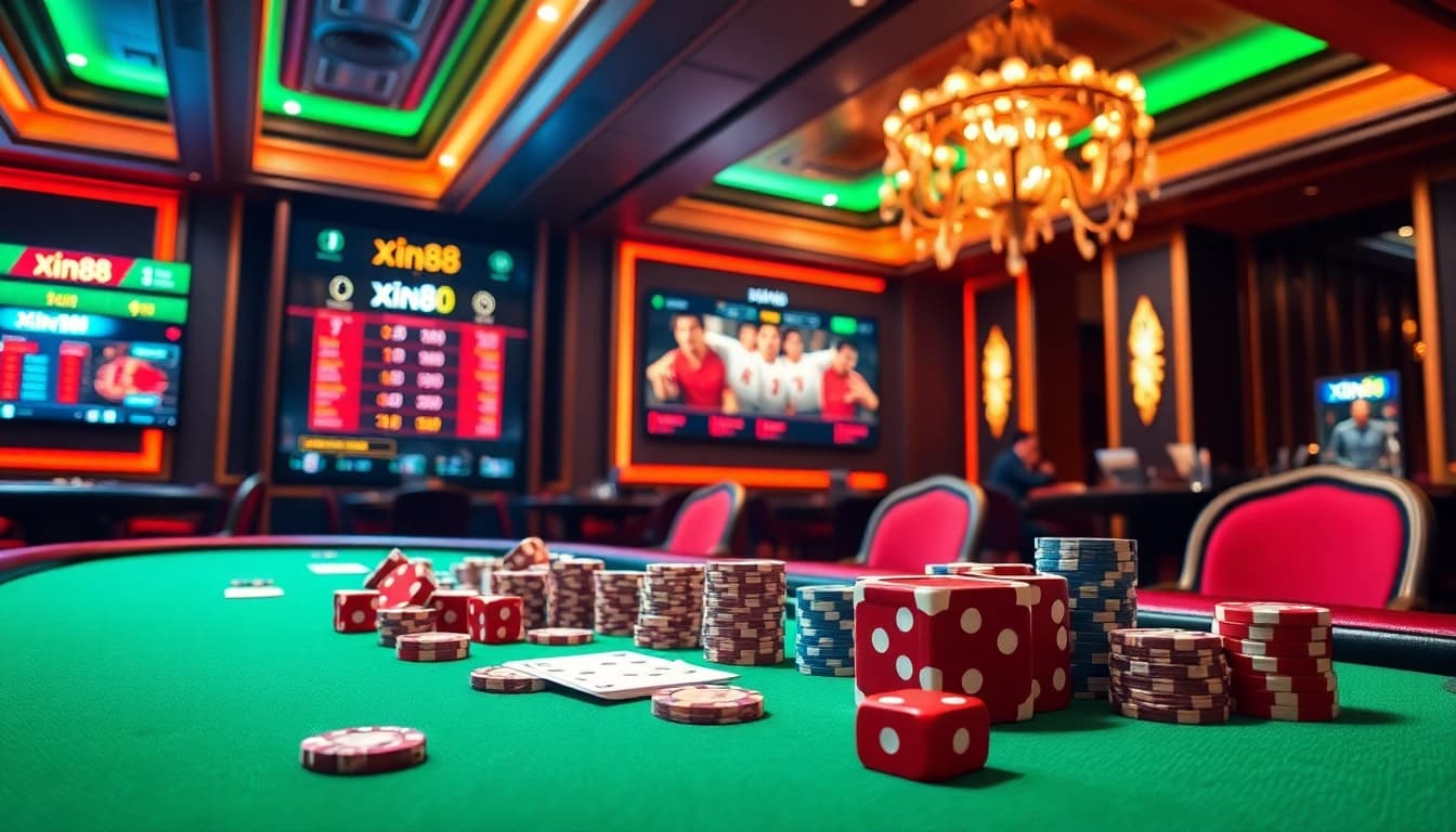 A lively casino scene illustrating poker chips and cards on a gaming table at xin88, showcasing excitement and luxury.
