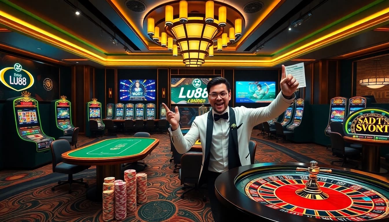 Gambler enjoying the thrill at Nhà cái Lu88 with vibrant slot machines and poker tables.