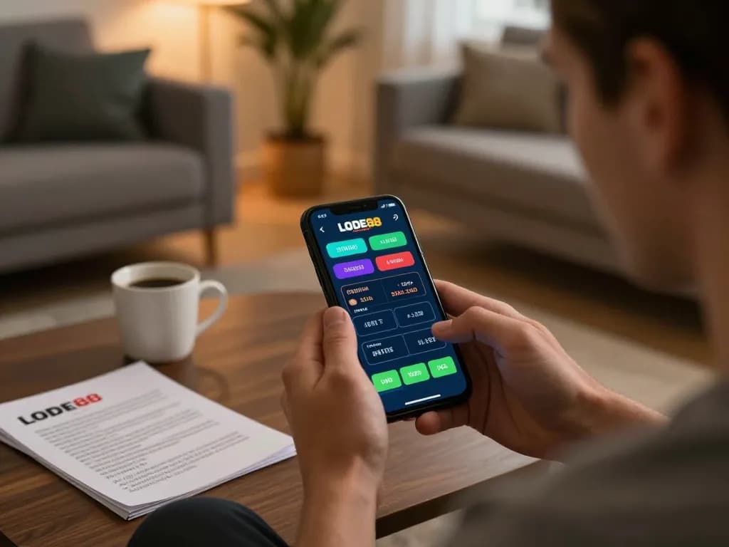 Engaged player using LODE88 app for online betting in a cozy home setup.