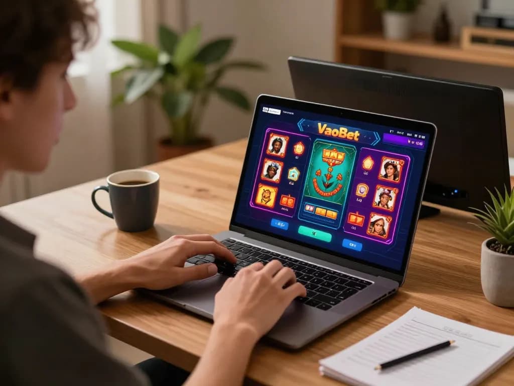 Person engaging with VaoBet's casino app on a laptop in a modern home setup, showcasing an exciting online gambling experience.
