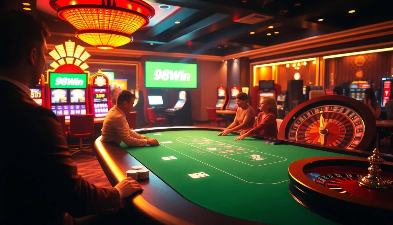 Experience the thrilling atmosphere of 98Win with lively poker games and vibrant casino elements.
