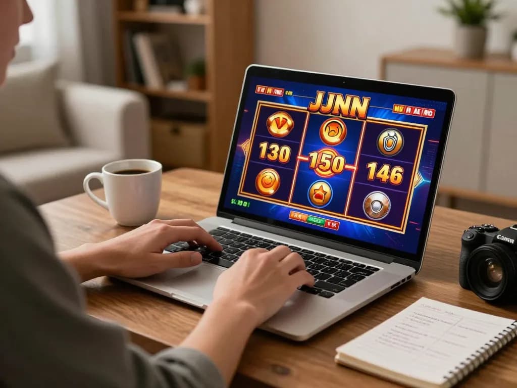 Player enjoying slots on JJNN platform, showcasing home gaming setup and strategic planning.