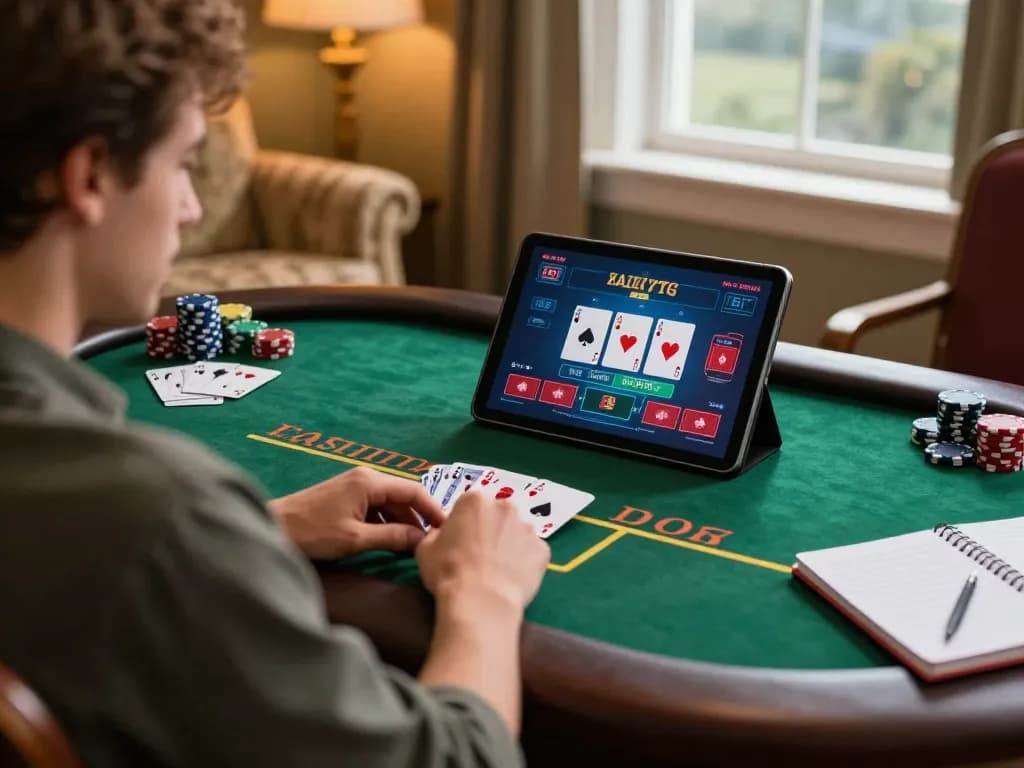Player engaging in an online lv88 poker game on a tablet with a warm and cozy background.