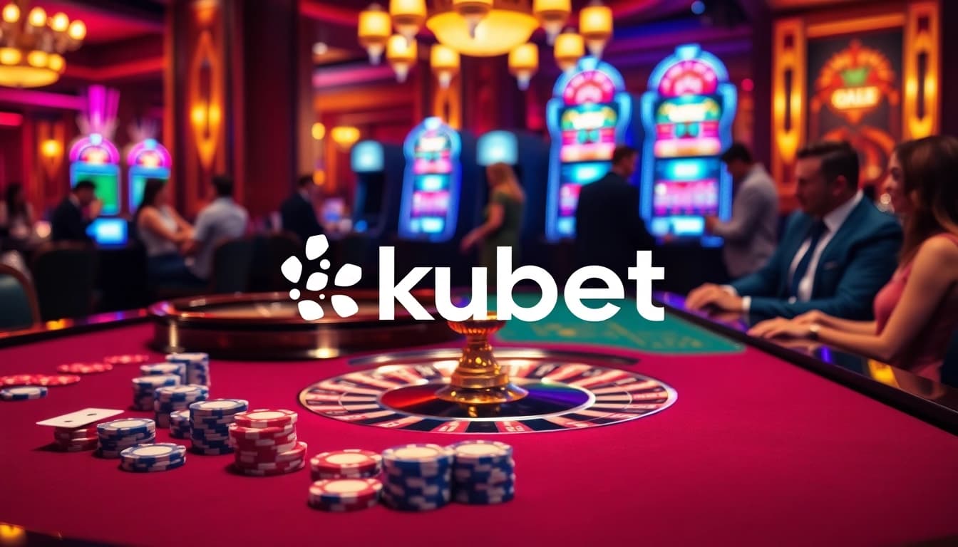 Kubet provides an exciting casino experience with poker chips and roulette wheels in a vibrant setting.
