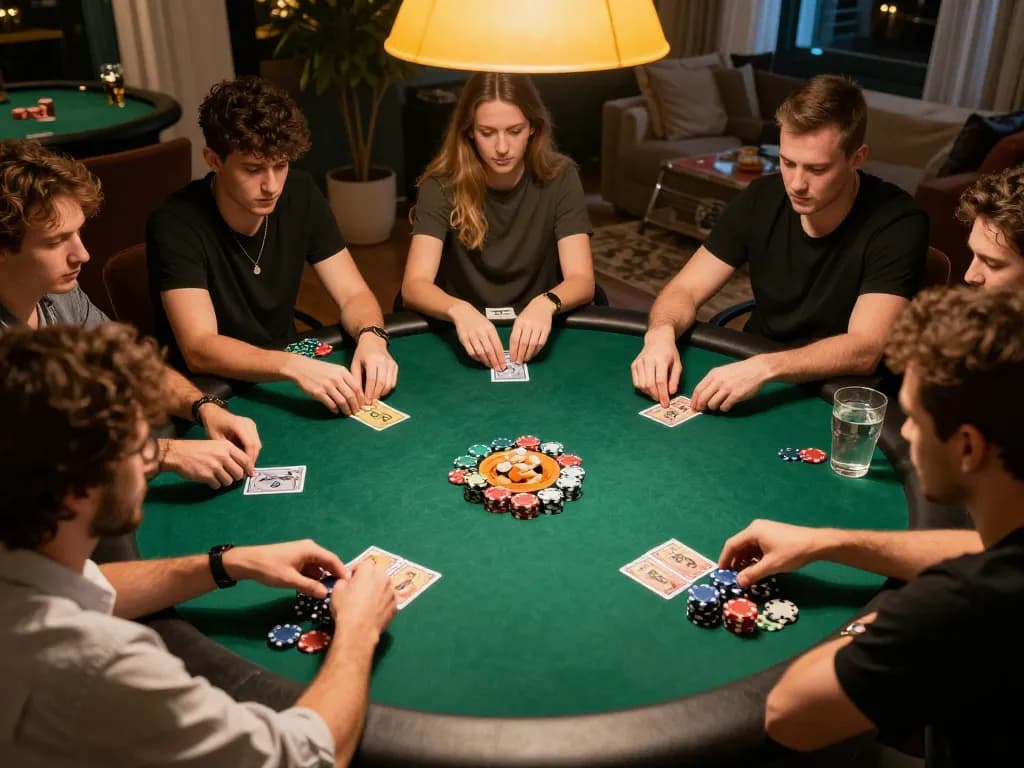 Friends playing poker at home with strategic focus in a relaxed setting featuring bcx88.