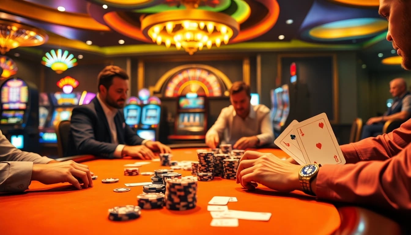 Experience the thrill of De bet at an elegant casino, with players engaged in a poker game and a spinning roulette wheel.