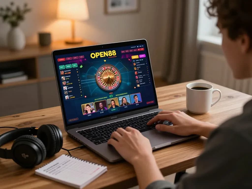 Player engaging in an OPEN88 live dealer game on a laptop, showcasing interactive online gambling experience.