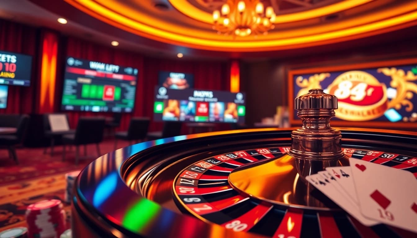 Experience the thrill of live betting at https://8kbet17.com/ with vibrant roulette wheels and colorful chips.