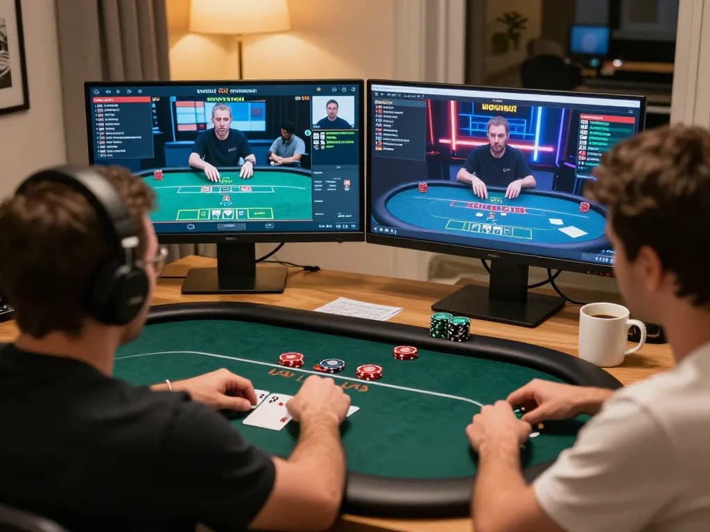 Engaged player strategizing at C168 online poker tournament, multiple screens displaying games.