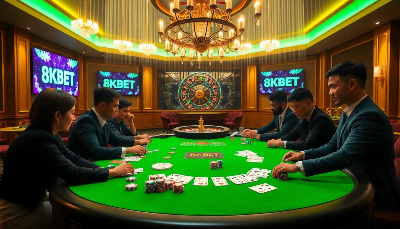Players enjoying a thrilling poker game at 8KBET, surrounded by glamorous casino elements.