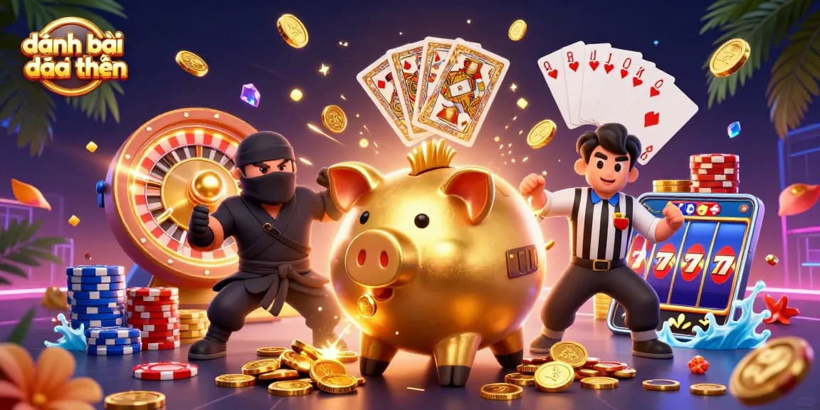 Engage in đánh bài đổi thưởng with vibrant 3D characters and dynamic casino elements creating an energetic atmosphere.