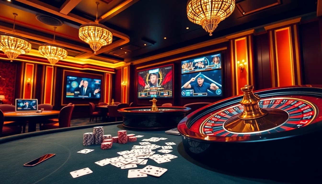 Experience thrilling gameplay at nhà cái nohu90 with an immersive casino atmosphere featuring poker chips and roulette.