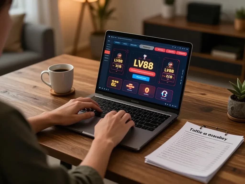 Player engaging with LV88 online casino on laptop, illustrating responsible gaming in a cozy home setup.