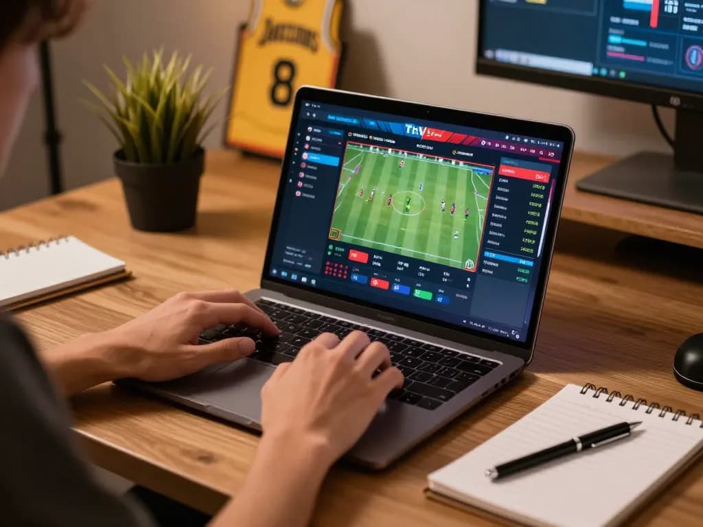 The user engages in sports betting with live odds on their laptop at home, showcasing sunwin's interactive platform.