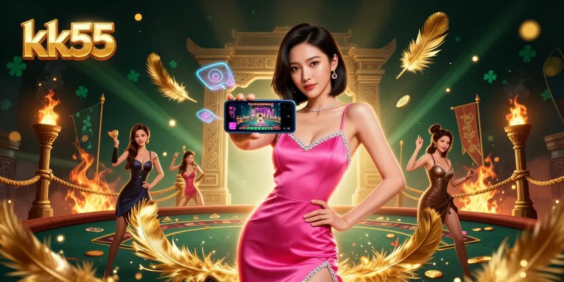 kk55 showcases a confident woman engaging with a live dealer casino game in a vibrant, immersive setting.