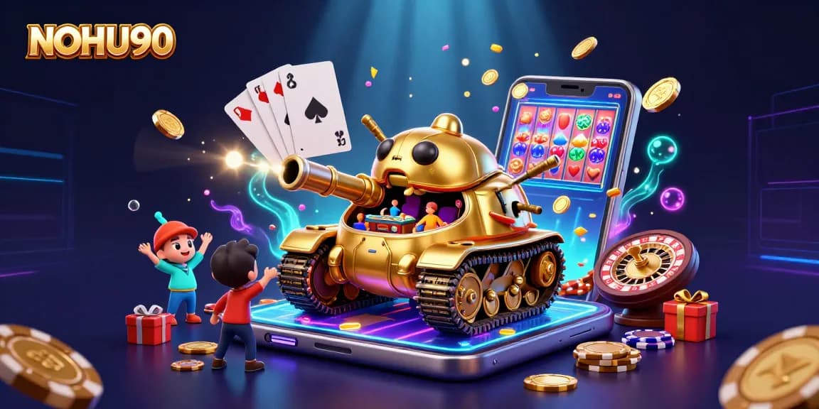 NOHU90 presents a dynamic casino scene with a golden beetle tank and vibrant gaming elements.