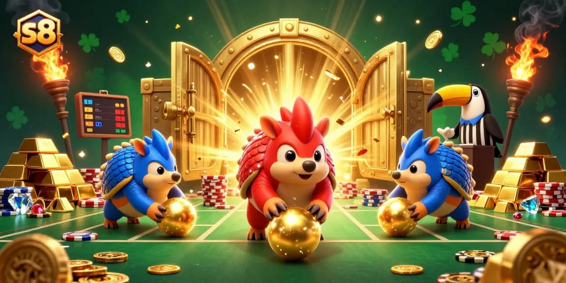 Experience the thrill of s8 with rival pangolins bowling through poker chips in a vibrant casino scene.