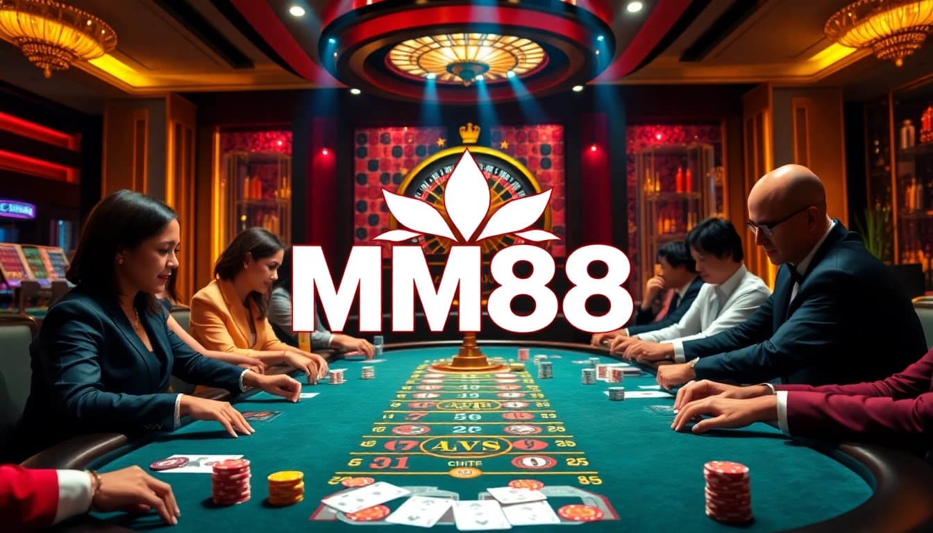 Experience the excitement of MM88 with vibrant casino action at a poker table filled with chips and cards.