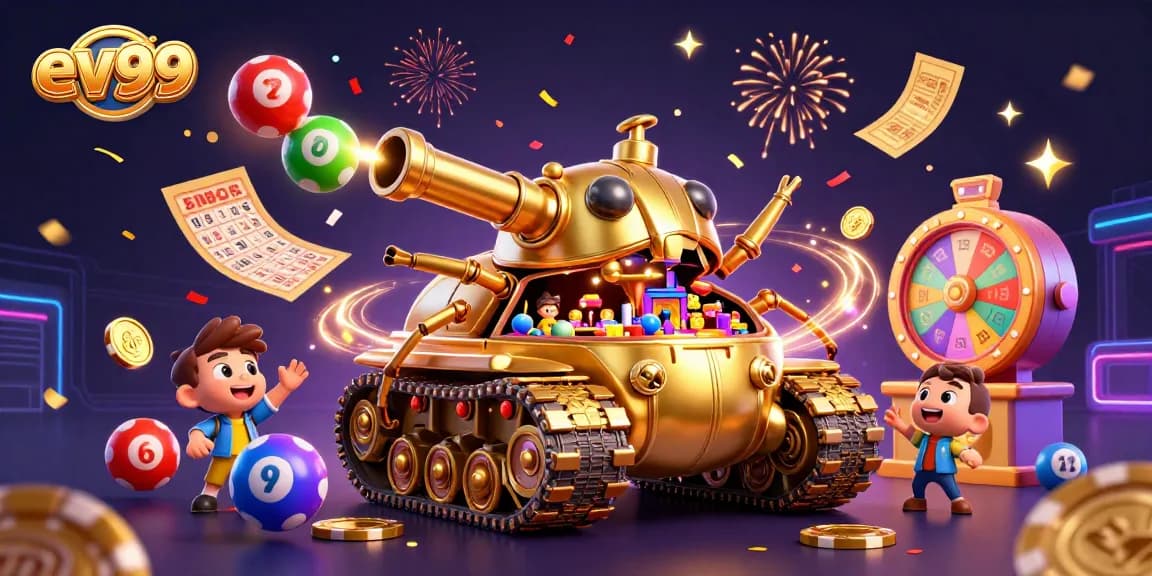 Experience the thrill of ev99 with a vibrant, immersive casino scene featuring golden elements, lottery balls, and confetti.