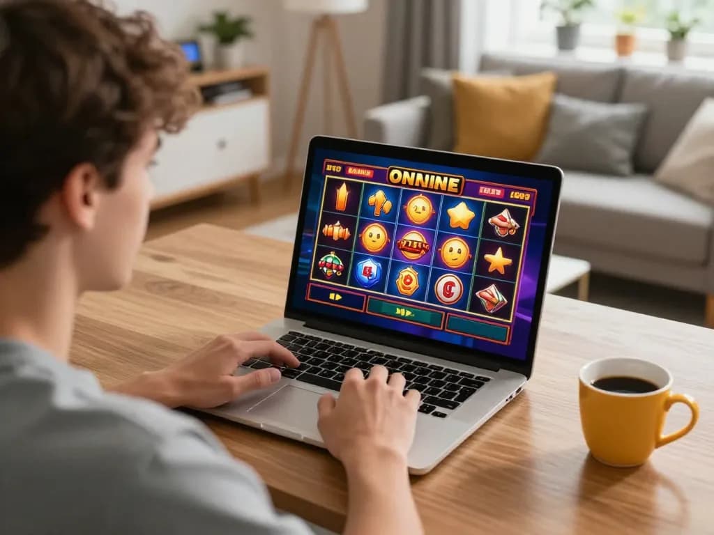 Luckywin player enjoying online slots game on laptop in a cozy home setting.