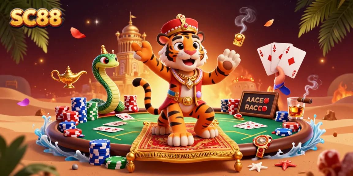 Experience the excitement of SC88 with a vibrant casino scene featuring a sultan and poker elements.