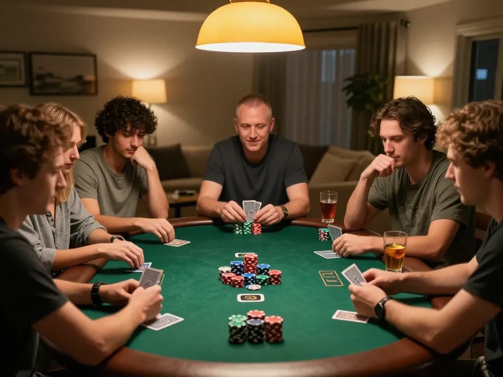 Players strategizing their moves during an exciting poker game at home, featuring 5699 poker chips.