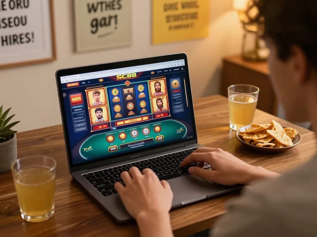 Engaging in thrilling games at Nhà cái SC88 with online slots and poker displayed on a laptop screen