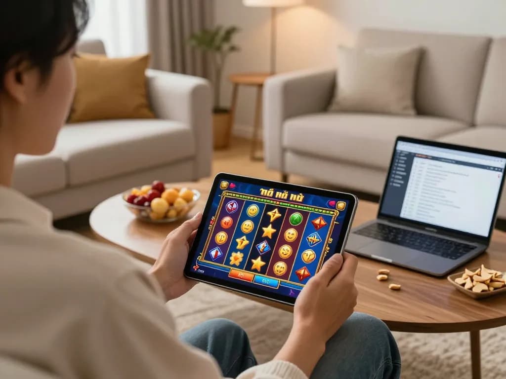Engaging in an online game nổ hũ on a tablet, showcasing a cozy home gaming atmosphere.