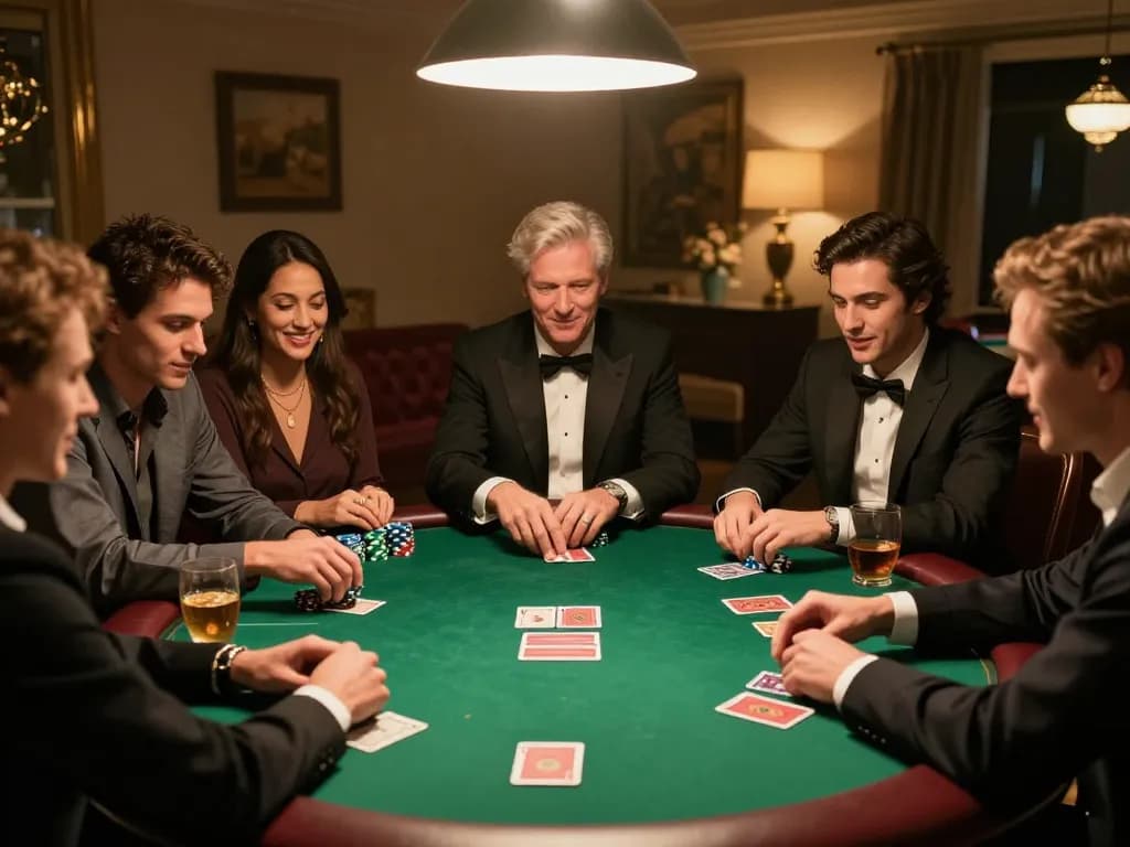 Fly88 players engaging in a friendly poker game with chips and cards on the table, showcasing excitement and strategy.