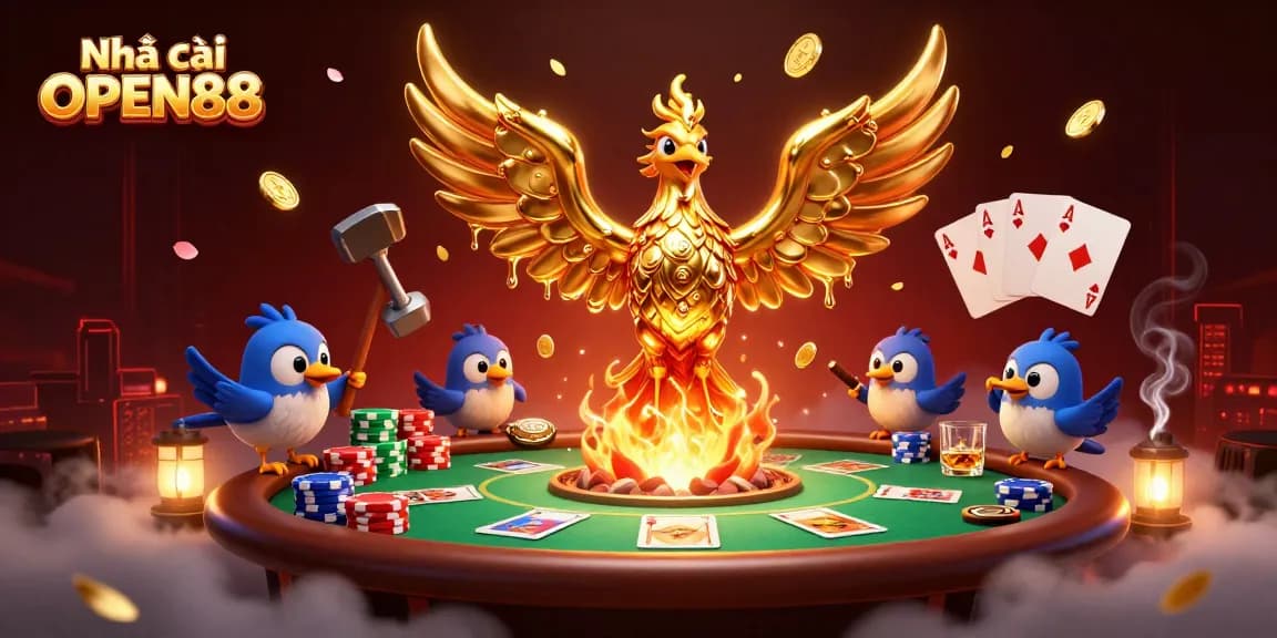 Experience the thrill of betting at Nhà cái OPEN88 with a vibrant 3D casino illustration packed with action.