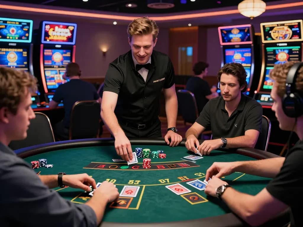 Engaging online casino gaming scene with BL555 dealer and eager players, vibrant atmosphere and modern tech.