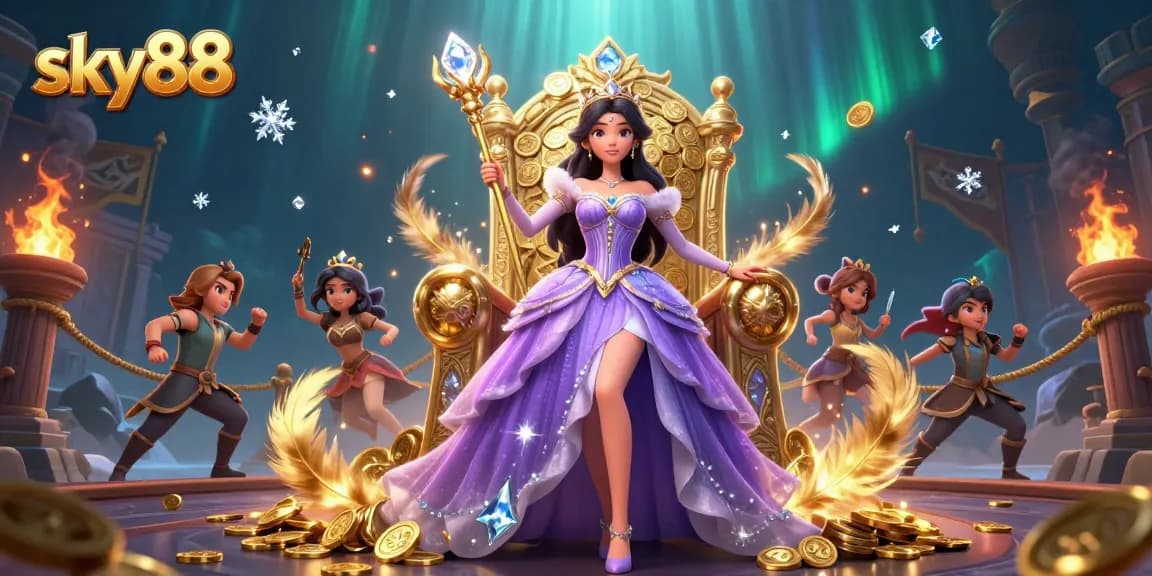 Engage in sky88 gaming with a majestic Asian princess amidst golden glory and thrilling casino elements.
