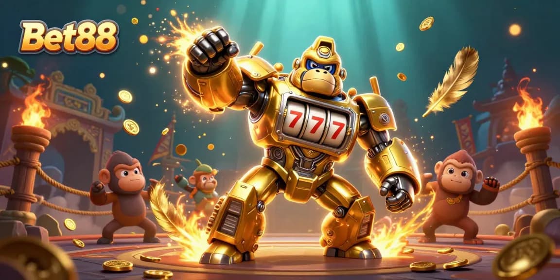 Bet88 excitement as a golden gorilla mech bursts with coins amid vibrant casino elements.