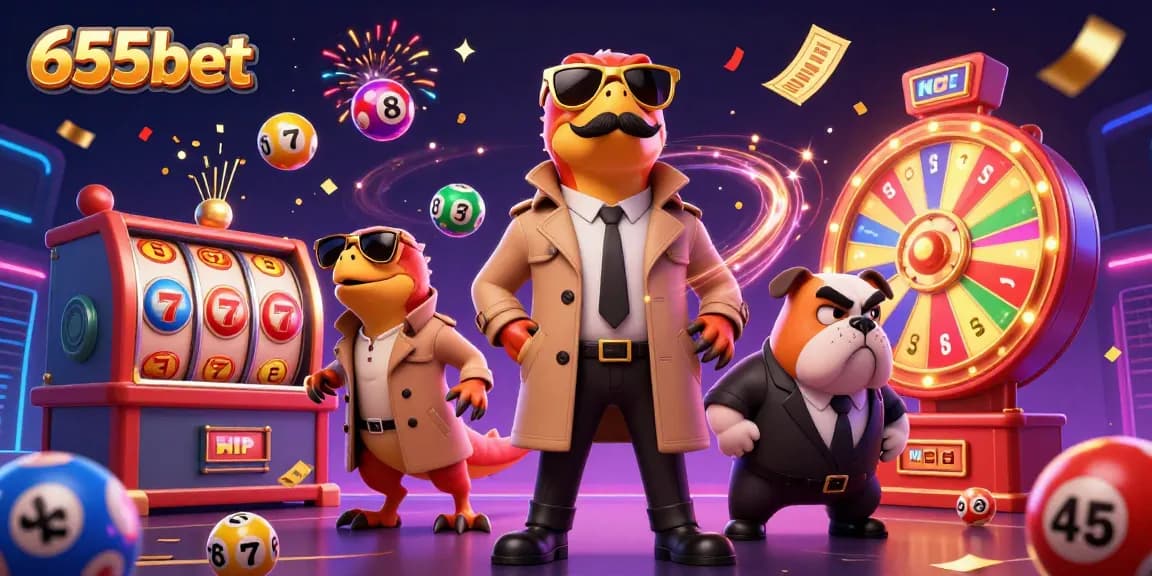 Join the fun at 655bet with colorful lottery balls and raptors in a trench coat!