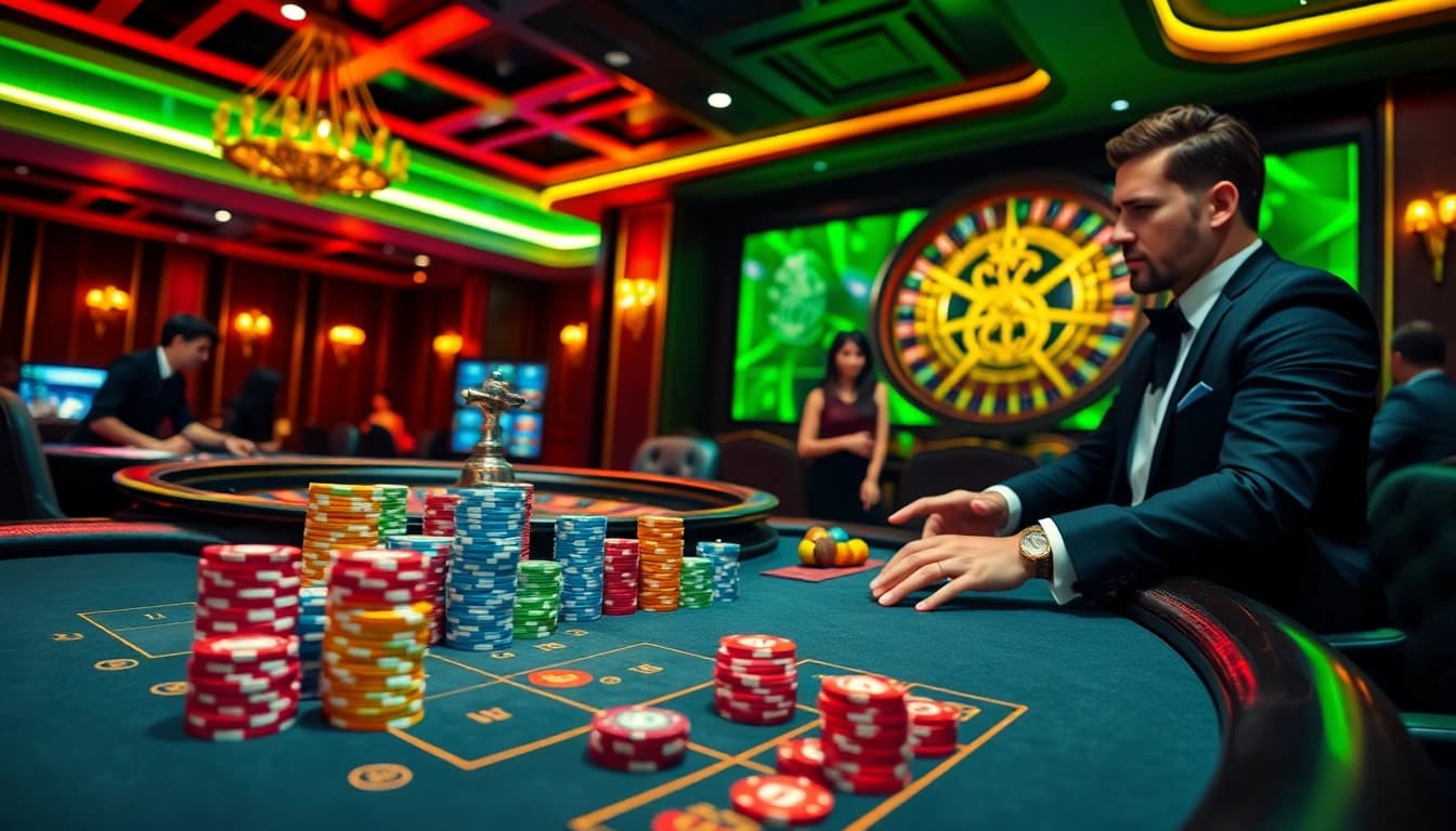 Experience thrilling gambling at https://luongsontv23.com/ with a poker table and roulette wheel.