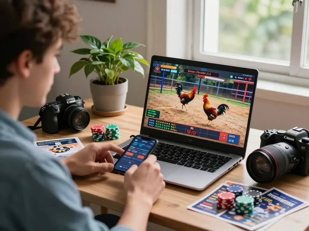 Engaging online betting experience on BJ388, highlighting live cockfighting matches with gaming accessories.