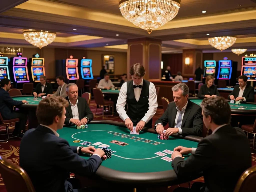 Experience thrilling gameplay at CM88 casino, vibrant poker tables filled with engaged players and dealers.