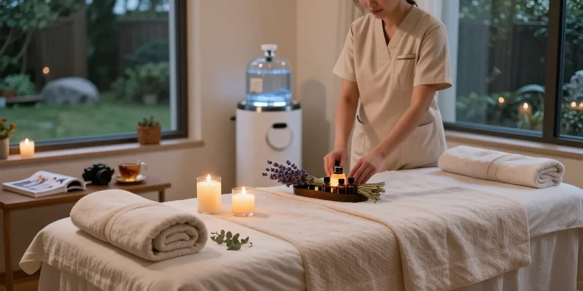 신림동출장마사지 therapist creating a tranquil home spa atmosphere with candles and essential oils.