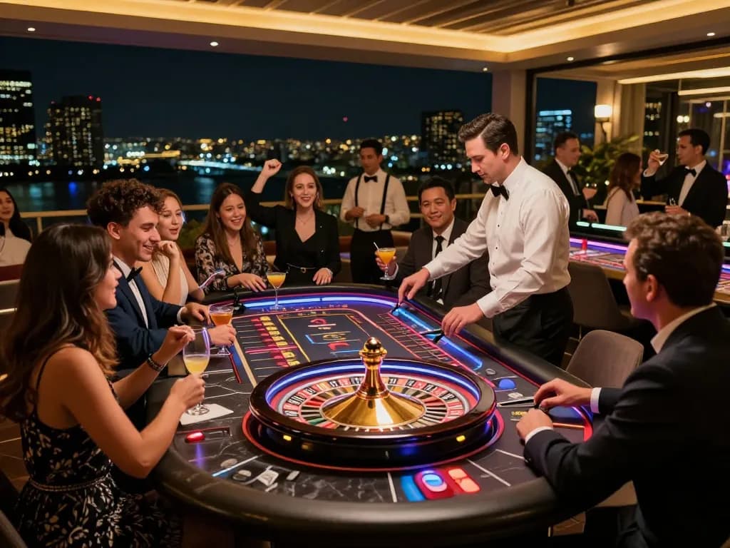 FIVE88 players engaging in a lively roulette game under vibrant neon lights at an upscale casino terrace