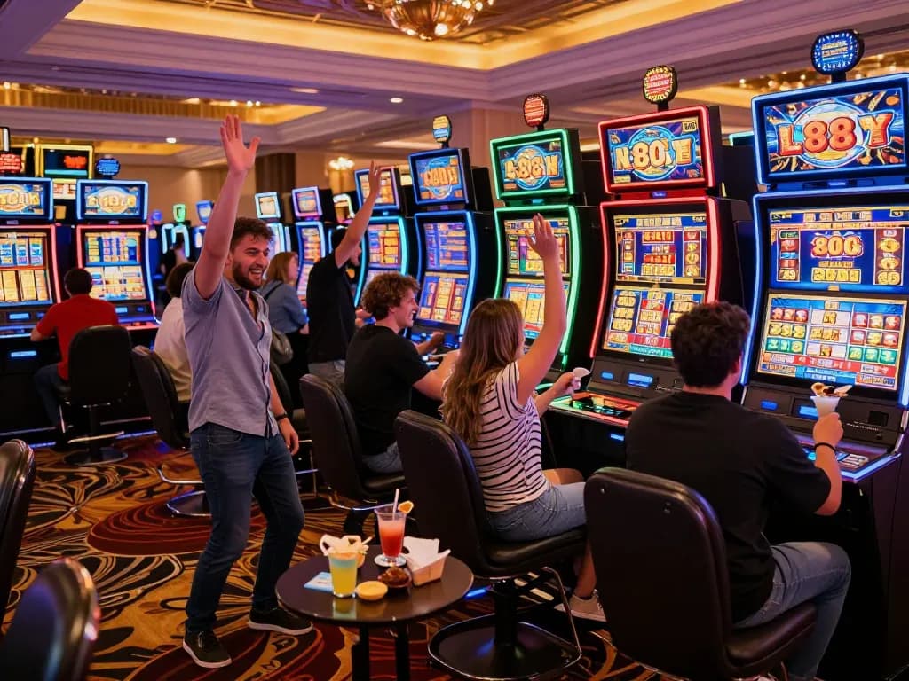 Excited players at the Lucky 88 slot machine celebrating a big win in a vibrant casino.